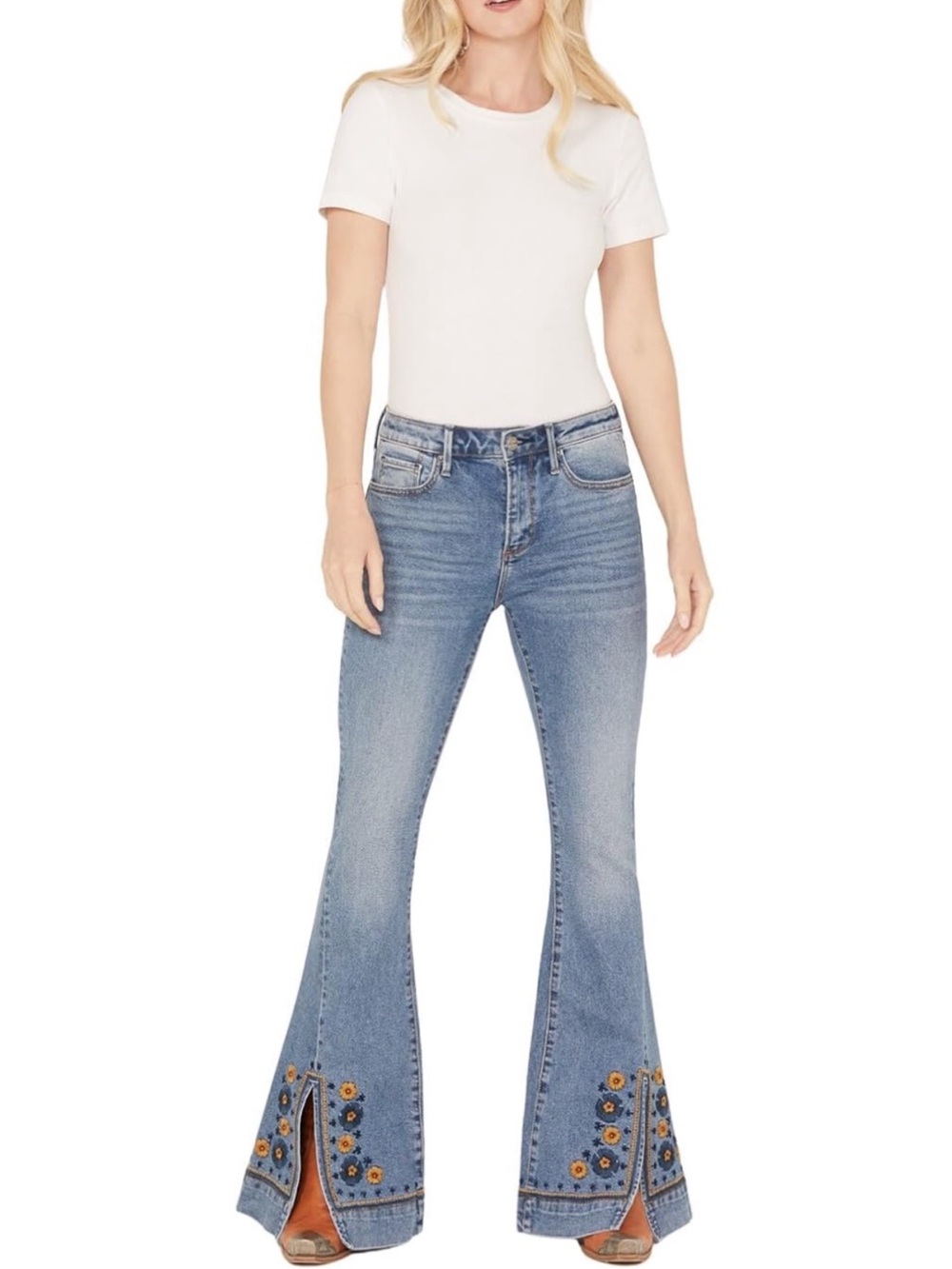 Driftwood  X Free People Farrah Split Hem Flare Boho Embroidered Jeans Size 26 - Picture 2 of 13